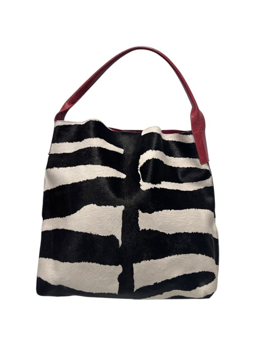 B. May Black White Red Zebra Pony Fur Medium Double Handle Tote Bag